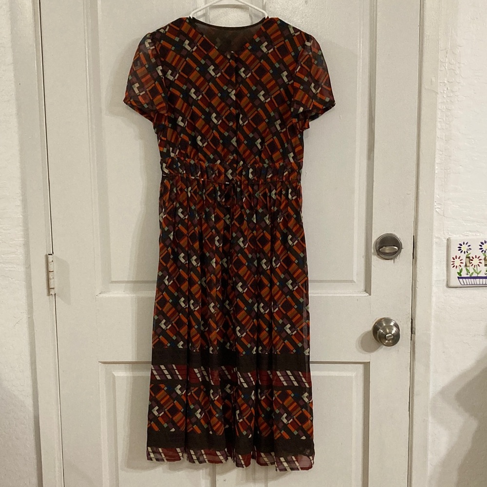 Summer Airy Orange Brown Geometric Pattern Dress